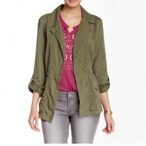 Lucky Brand Utility Jacket Women's XS Military Green Cap Sleeves Pockets Buttons